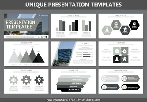 Set of gray elements for multipurpose presentation template slides with graphs イラスト素材