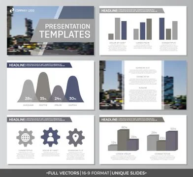 Set of gray elements for multipurpose presentation template slides with graphs Stock Illustration