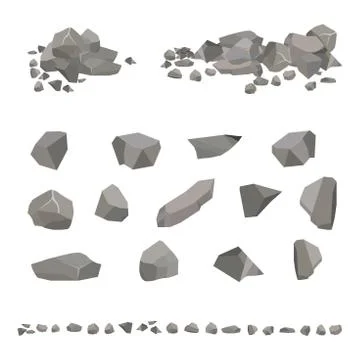 Set of gray granite stones of different shapes. Element of nature, mountains, Stock Illustration