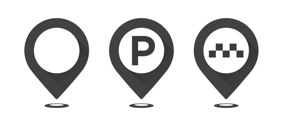 Set of gray map pointers. Map pointer, map parking pointer, map taxi pointer. Stock Illustration