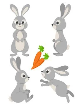 Set of gray rabbits in different poses on a white. Hare character. Easter bun Stock Illustration