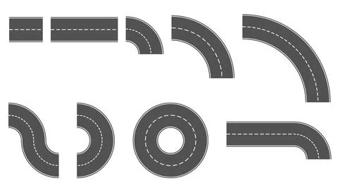 Set of gray road piece with broken line in middle isolated on white. Stock Illustration