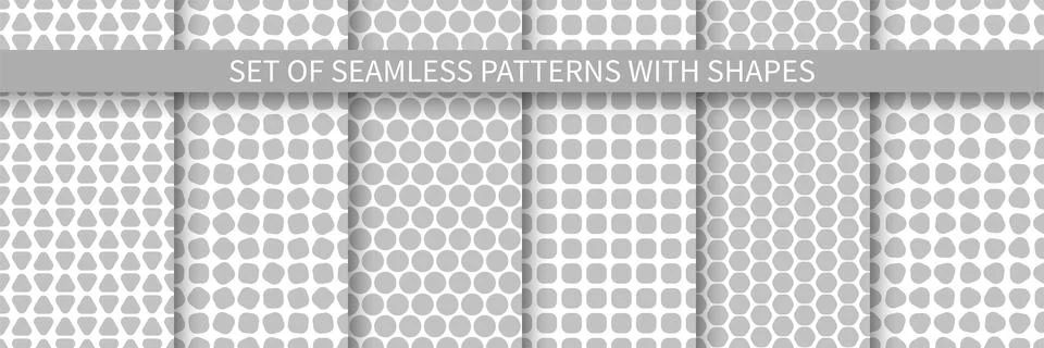 Set of gray seamless geometric patterns with shapes. Monochrome decorative Иллюстрация