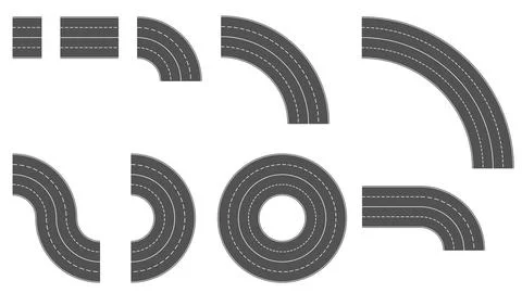Set of gray section of road with four lanes separated by dashed line Stock Illustration
