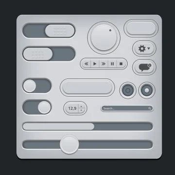 Set of gray ui web elements - sliders, switch, buttons etc. Illustrazione stock