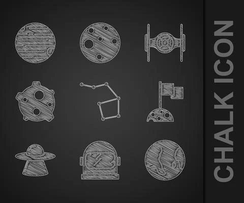 Set Great Bear constellation, Astronaut helmet, Earth globe, Moon with flag, UFO Ilustração Stock