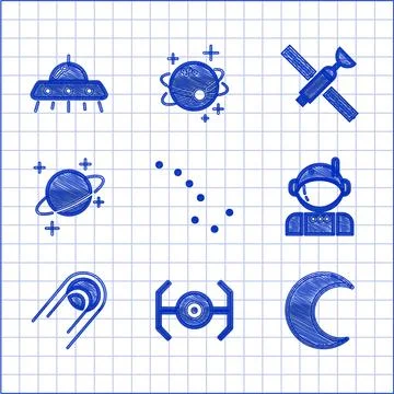 Set Great Bear constellation, Cosmic ship, Moon and stars, Astronaut, Satellite Ilustração Stock