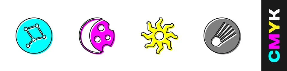 Set Great Bear constellation, Eclipse of the sun, Sun and Comet icon. Vector Stock Illustration