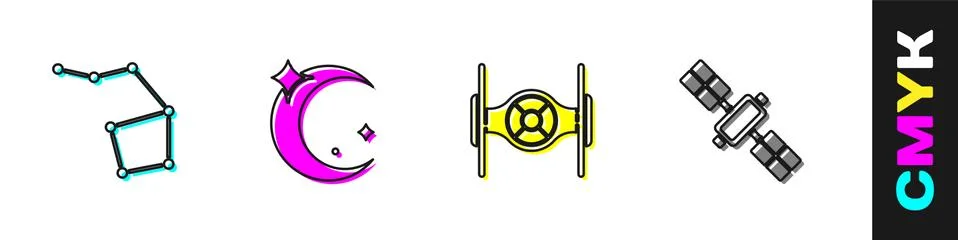 Set Great Bear constellation, Moon and stars, Cosmic ship and Satellite icon Ilustração Stock