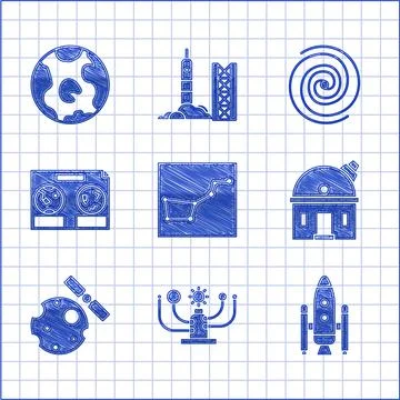 Set Great Bear constellation, Solar system, Space shuttle and rockets Stock Illustration