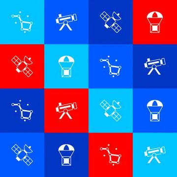 Set Great Bear constellation, Telescope, Satellite and Box flying parachute icon Illustrazione stock