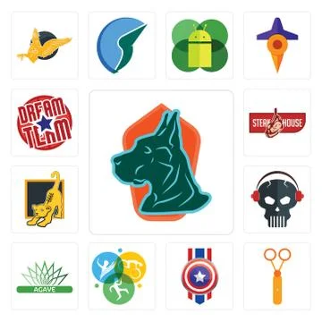 Set of great dane, scissors, captain america, swim bike run, agave, skull wit Selección de ilustraciones gratis