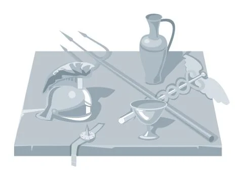 Set greece objects. Pot, Helmet, cup, trident, rod. Stock Illustration