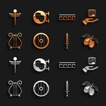 Set Greek shield, Ancient column, Olives branch, Medieval sword, lyre, pattern Stock Illustration