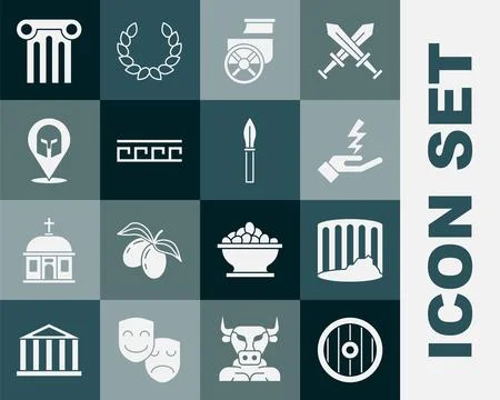 Set Greek shield, Ancient column, Zeus, chariot, pattern, helmet,  and Medi.. Stock Illustration
