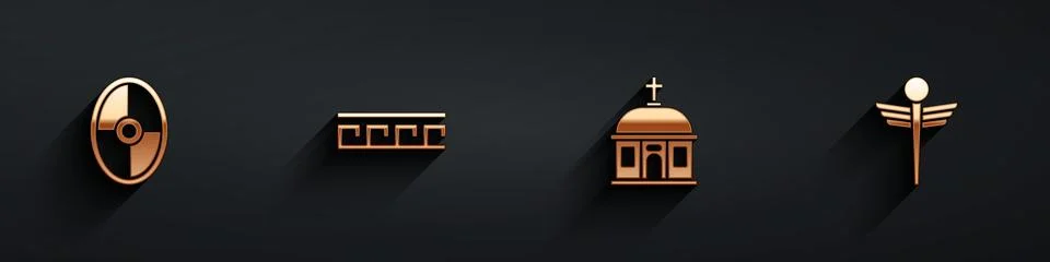 Set Greek shield, Ancient pattern, Santorini building and Caduceus snake medical イラスト素材