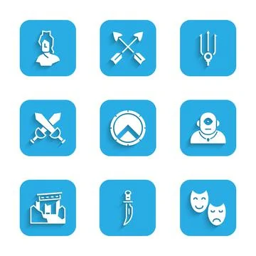 Set Greek shield, Dagger, Comedy and tragedy masks, Cyclops, Ancient ruins Stock Illustration