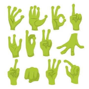 Set of Green Alien Hands collection with various gestures, reptile paw, UFO.. Stock Illustration
