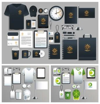 Set of green and black elements with stationery templates Illustrazione stock