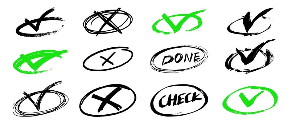 Set of green and black grunge Check marks, tick, yes, vote brush made. X Stock Illustration