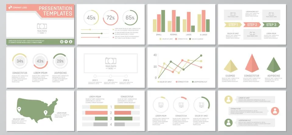 Set of green and red elements for multipurpose presentation template slides with イラスト素材