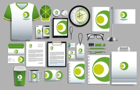 Set of green and white elements with stationery templates Illustrazione stock