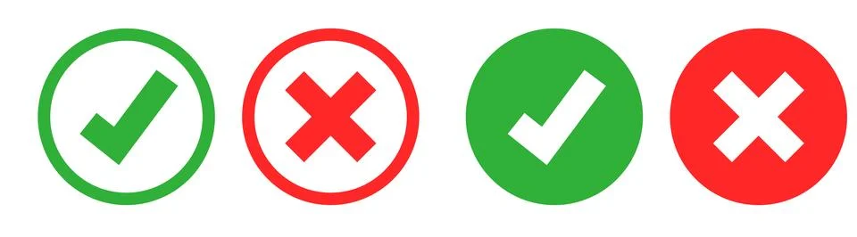 Set green approval check mark and red cross icons in circle and square Stock Illustration