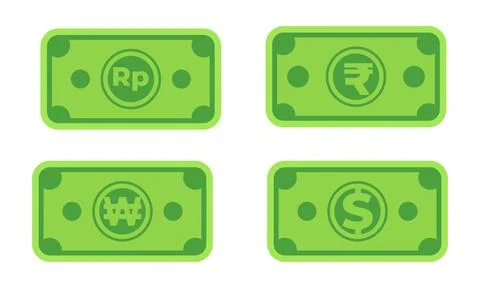 Set of Green Banknote Icons with Different Currency Symbols Stock Illustration