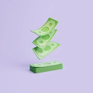 Set of green banknotes floating on pastel purple background Illustrazione stock
