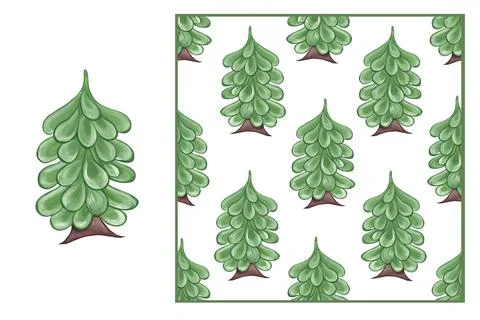 Set - Green Christmas tree icon on white background and seamless pattern. Wat 스톡 일러스트