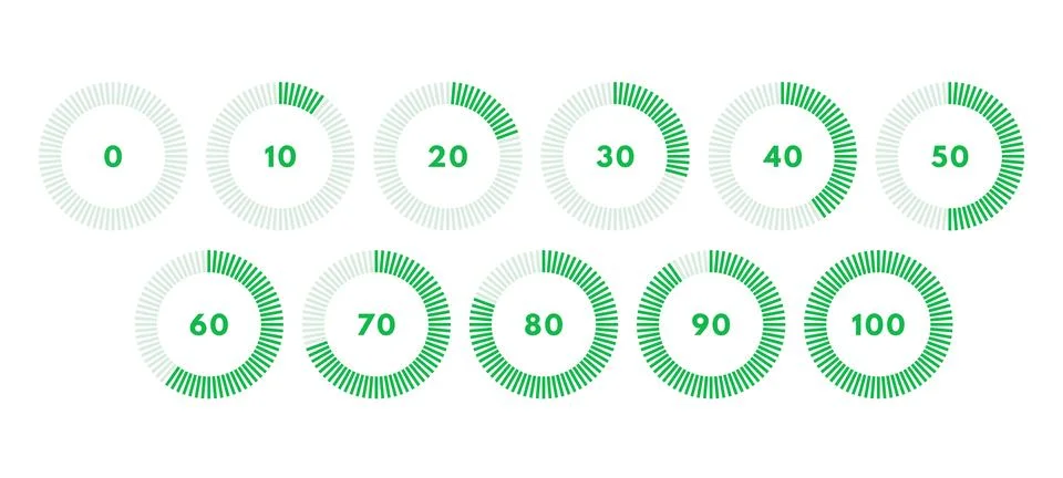 Set of green circular progress bar. Timer icon with ten percent interval. Dow Stock Illustration