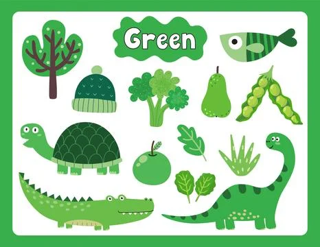 Set of green color objects. Primary colors flashcard with green elements Stock Illustration