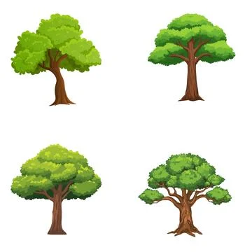 Set of green deciduous forest trees and oaks isolated on white Illustrazione stock