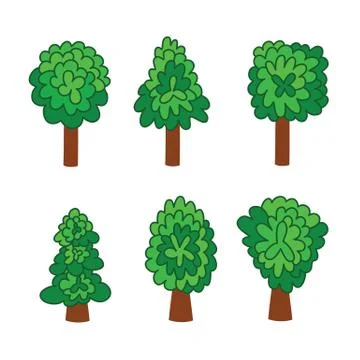 Set of green deciduous trees doodle cartoon style, isolate clipart. Vector il Stock Illustration
