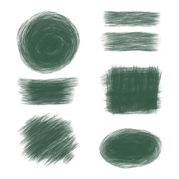 A set of green dry brush strokes and spots on a white background. Color penci Ilustración de archivo