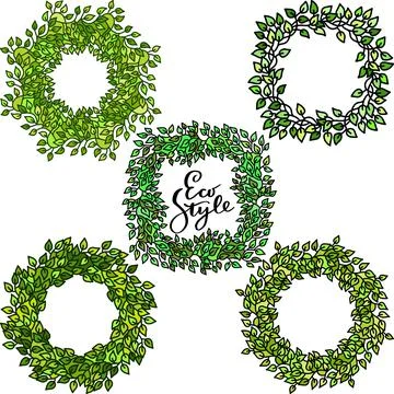 Set of green ecology leaves frames. Eco style templates. Vector illustration. Illustrazione stock