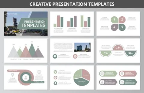 Set of green elements for multipurpose presentation template slides with graphs Stock Illustration
