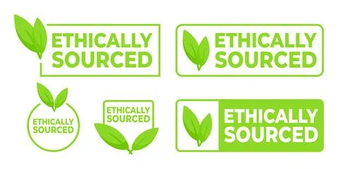 Set of green Ethically Sourced labels with leaf icons, for products responsible Stock Illustration