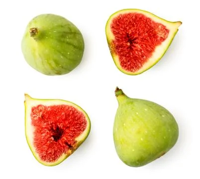 Set of green figs and two red halves on a white. The view of the top. Stock Photos