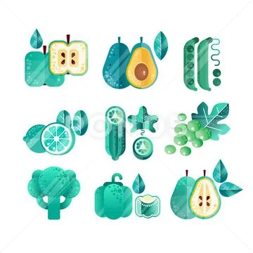 Set of green fruits and vegetables with gradients and texture. Healthy eating Stock Illustration
