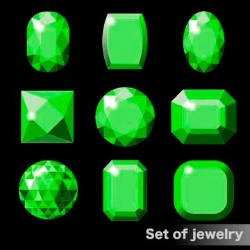 Set of green gems emerald of various shapes. Stock Illustration