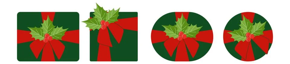 Set of Green Gift Boxes with Red Ribbon and Holly berry branches. Christmas S Stock Illustration