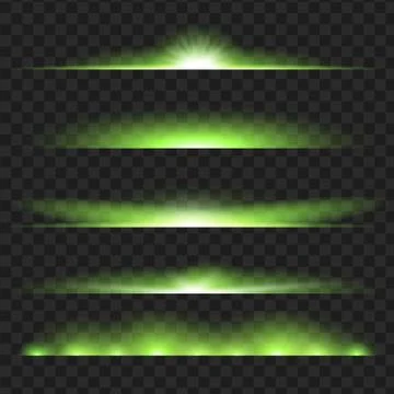Set of Green glowing light effect. Isolated on black transparent background.  Stockillustratie