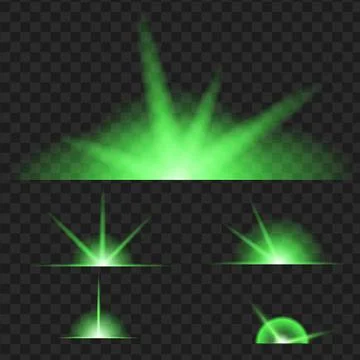 Set of green glowing light effect. Isolated on black transparent background.  Stock Illustration