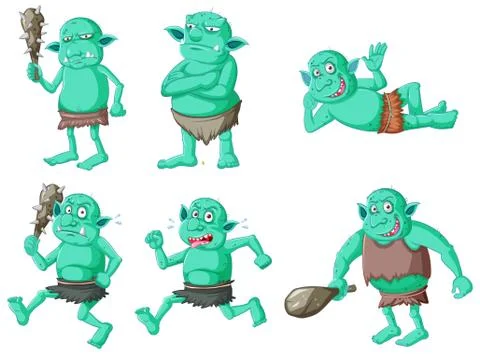 Set of green goblin or troll in different poses in cartoon character isolated Stock Illustration