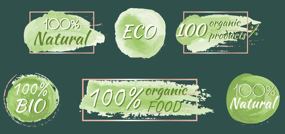 Set of green with gold splashes emblems in a watercolor style for natural pro Stock Illustration