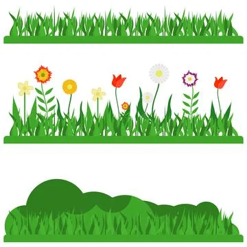 Set of green grass borders with colorful spring flowers flat design vector Stock Illustration
