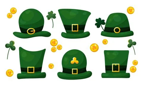 Set of green hats for St. Patrick Day with gold coins and clover twigs. Illustrazione stock