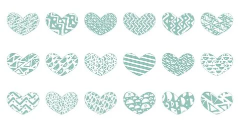 Set of green hearts with different patterns. Objects can be used for stickers Stock Illustration