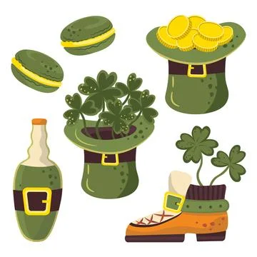 Set of green illustrations leprechaun hat with coins of saint patrick clover Stock Illustration